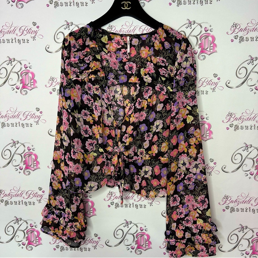Free people blouse floral flowers rainbow 🌈 mixture neon bow tie ribbon 🎀